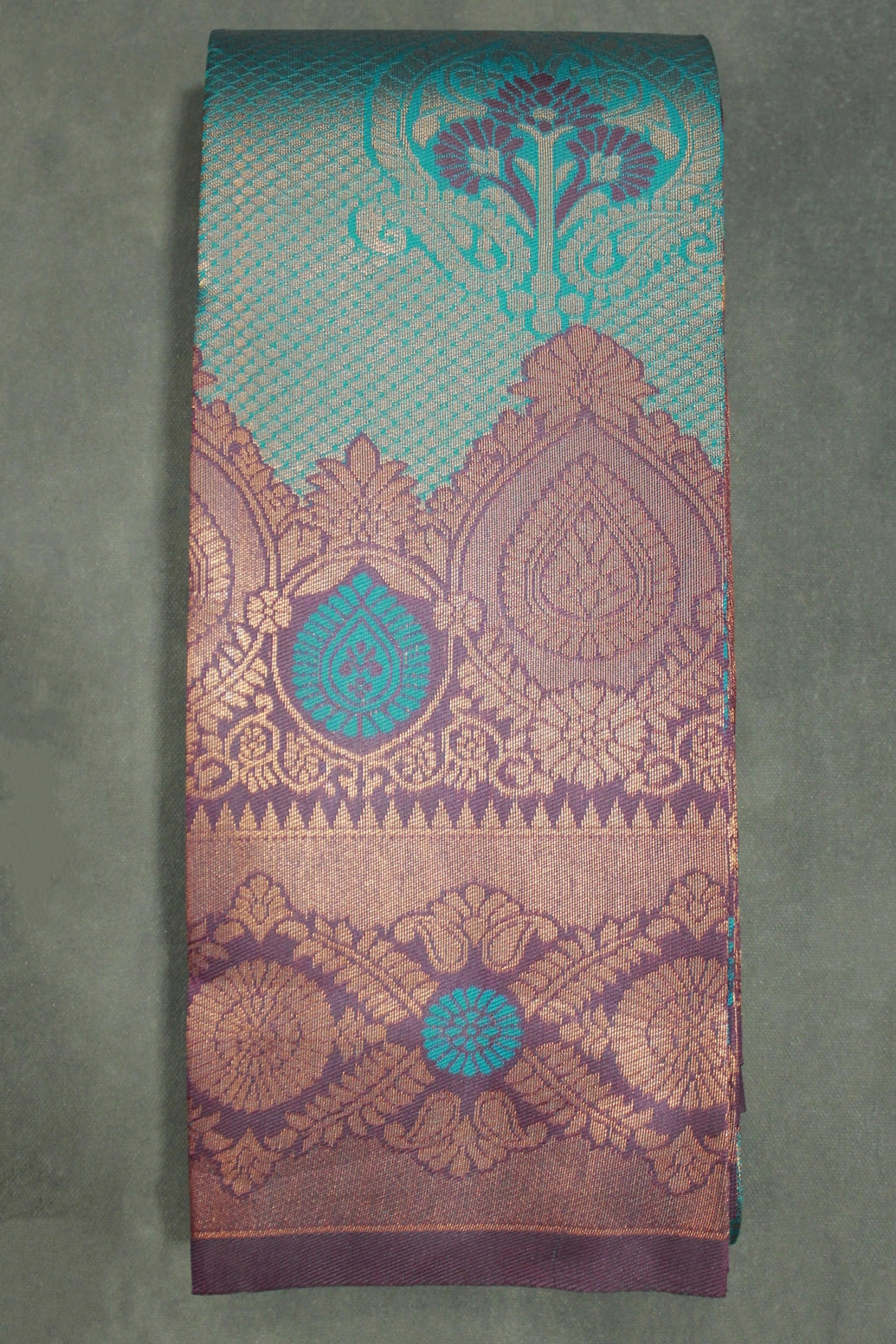 Dark Teal Kubera Pattu Silk Saree with Designer Border, Matching Blouse Piece - Dark Teal