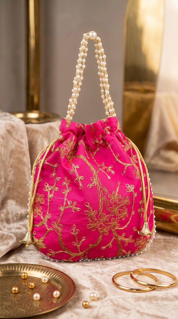 Rani Pink Embroidered Potli Bag with Pearl Bead Trim and Gold Floral Work Drawstring Pouch for Wedding & Festive - Rani Pink