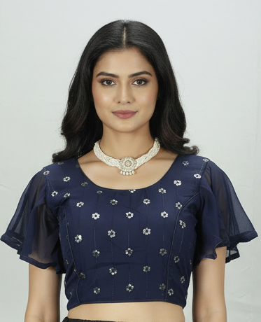 Dark Blue Designer Padded Embroidered Sleeveless Blouse with Back Knot and Fully Stitched Finish