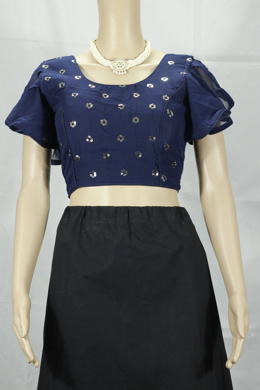 Dark Blue Designer Padded Embroidered Sleeveless Blouse with Back Knot and Fully Stitched Finish