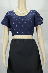 Dark Blue Designer Padded Embroidered Sleeveless Blouse with Back Knot and Fully Stitched Finish