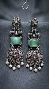 Mint Green Stone Silver-Tone Dangle Earrings with Pearl Drops for Party & Festive Wear - Mint Green