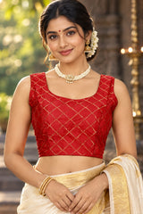 Red Designer Padded Sleeveless Blouse with Golden Criss-Cross Pattern, Fully Stitched Ethnic Back Knot - Red