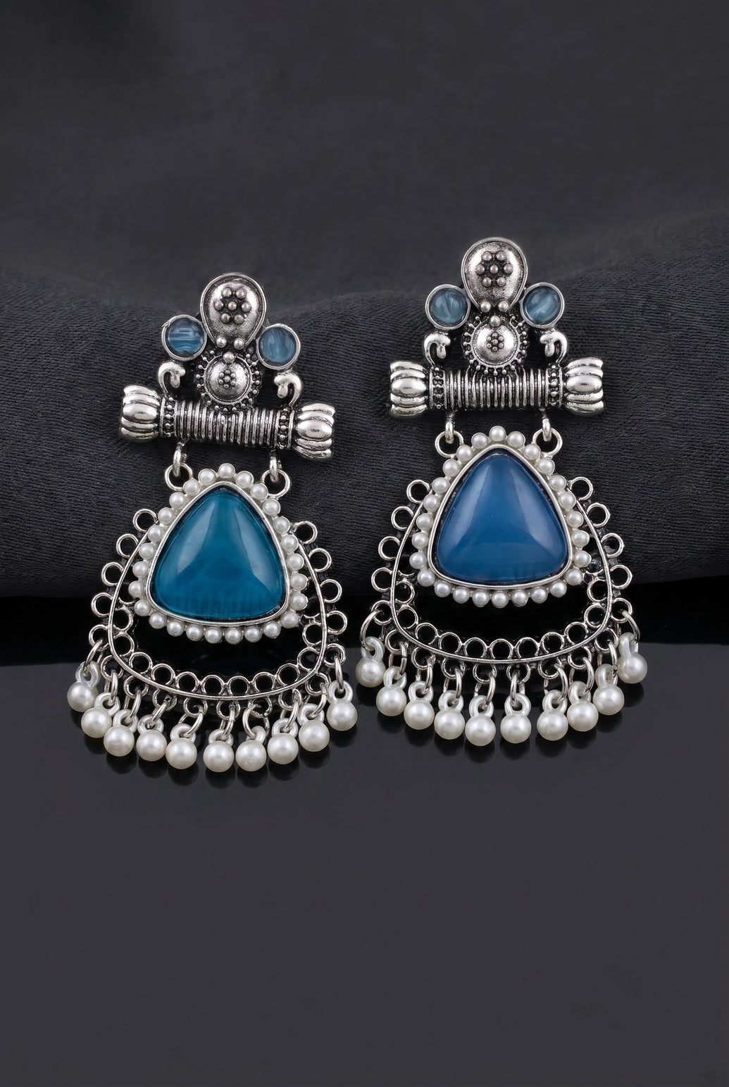 Sea Blue Teardrop Stone Oxidized Silver-Tone Pearl Drop Earrings for Traditional Festive Wear - Sea Blue