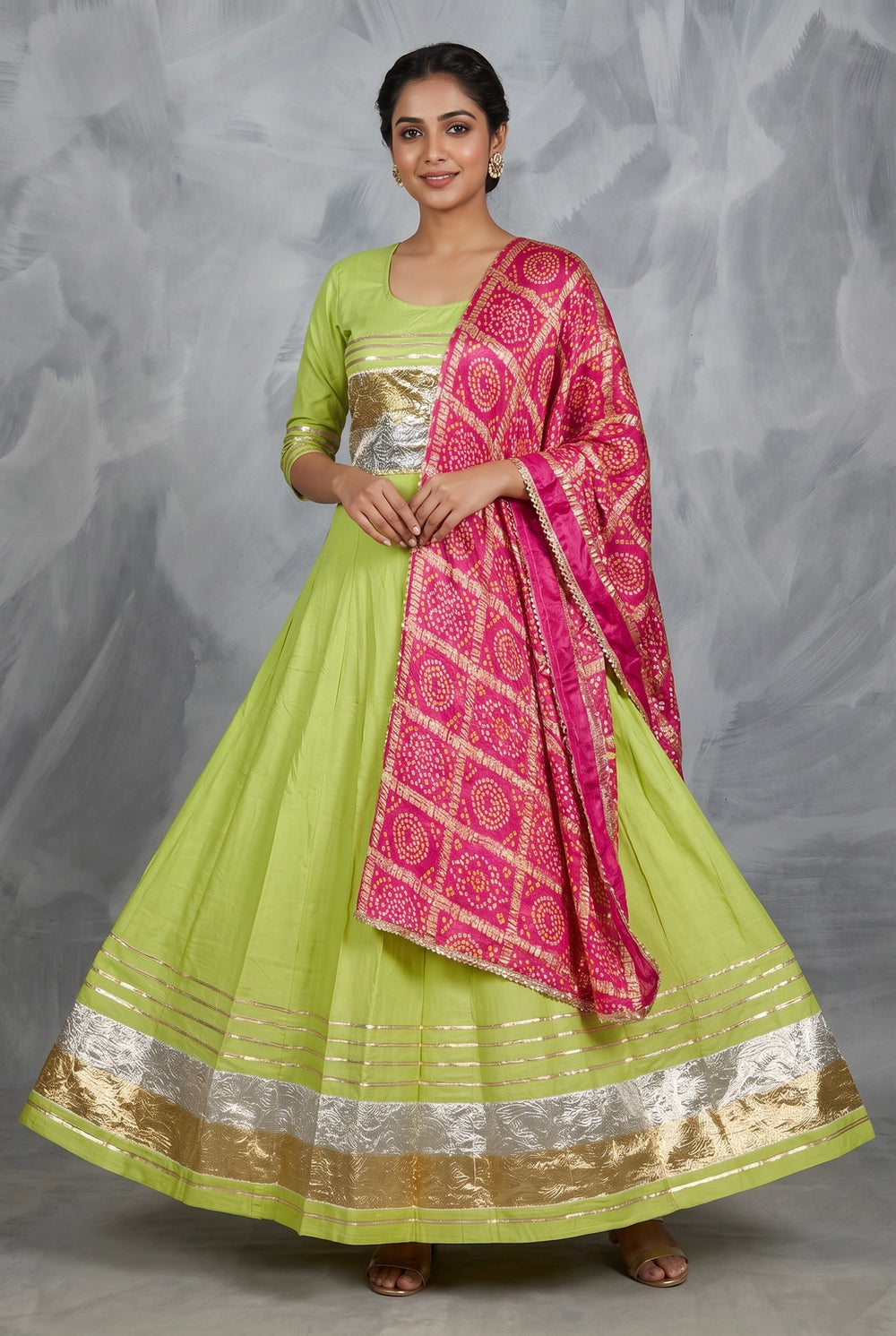 Green Designer Navratri Chaniya Choli with Gold-Silver Tissue Border and Plain Silk Lehenga Skirt - Green