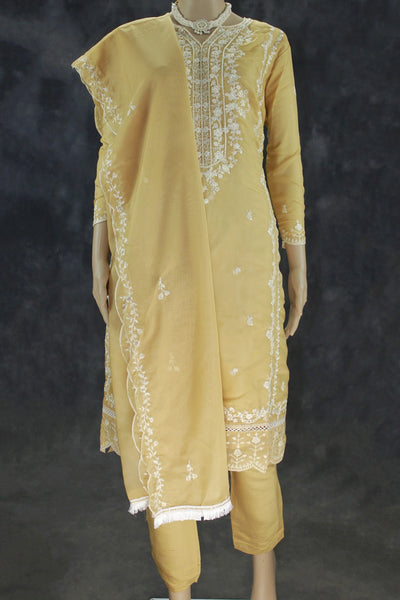 Light Beige Organza Kurti Salwar Suit Set with Khatli Work, Beads & Sequins, Roman Silk Bottom and Border Dupatta - Light Beige