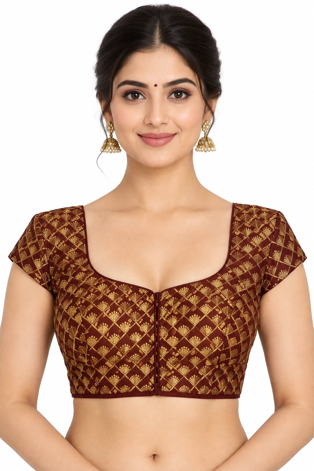 Maroon Readymade Padded Saree Blouse with V-Neck, Floral Weave, Short Sleeves & Back Tie - Maroon