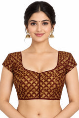 Maroon Readymade Padded Saree Blouse with V-Neck, Floral Weave, Short Sleeves & Back Tie - Maroon