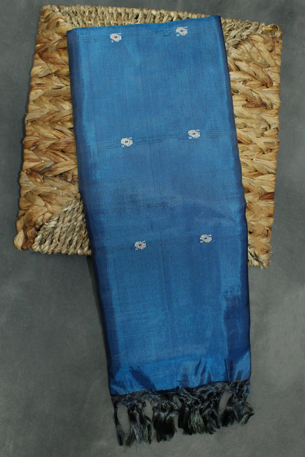 Peacock Blue & Grey Vaazhai Naar (Banana Pith) Borderless Saree with Small Butta - Grey & Peacock blue