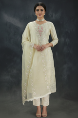 Sandal Roman Silk 3-Piece Kurti Set with Organza Work Top, Elastic Pant & Embroidered Dupatta