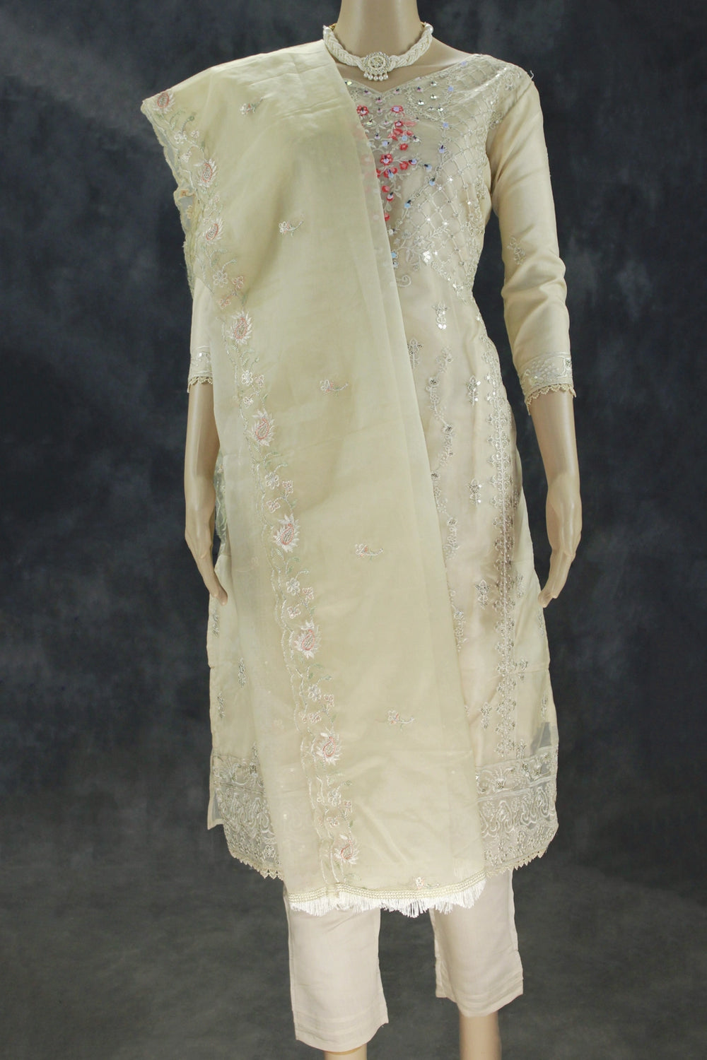 Sandal Roman Silk 3-Piece Kurti Set with Organza Work Top, Elastic Pant & Embroidered Dupatta - Sandal