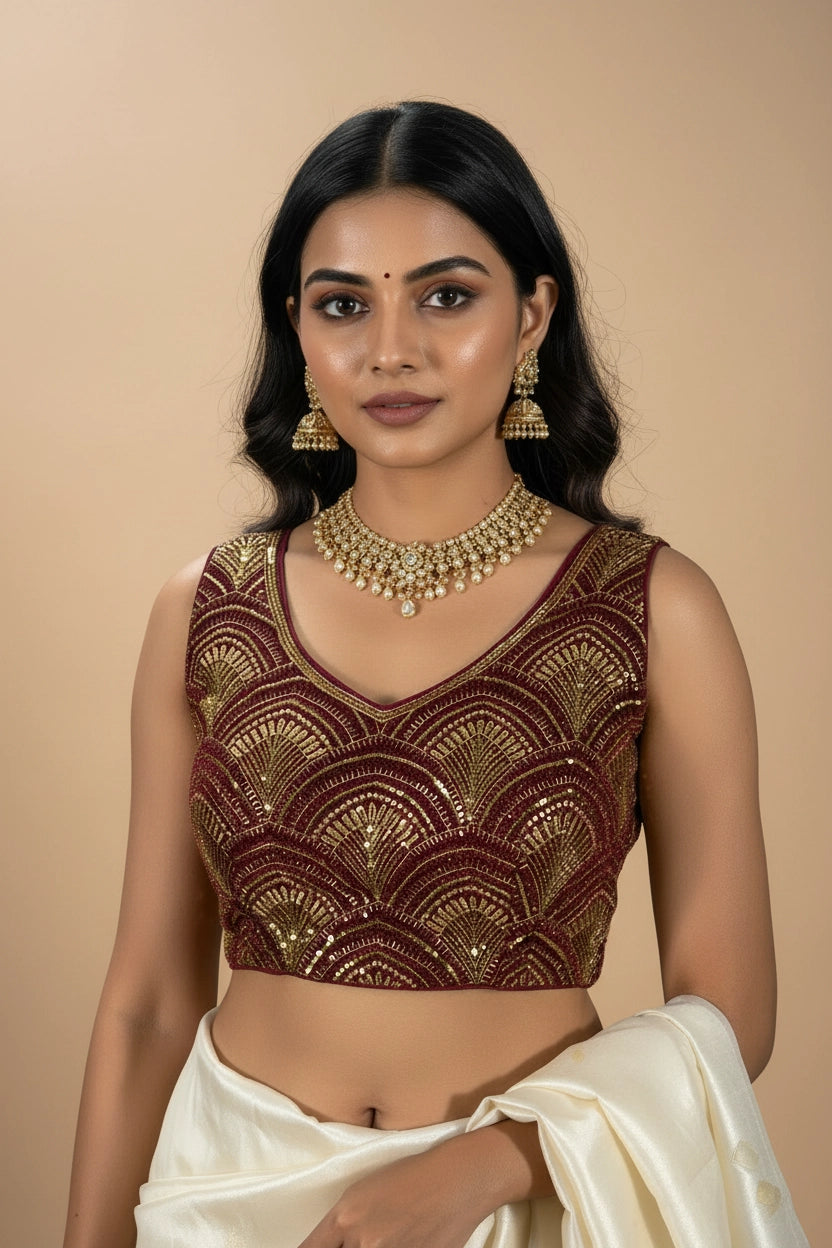Maroon Readymade Designer Padded Blouse with Zari Scalloped Embroidery, Back Knot, Sleeveless - Maroon