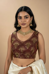 Maroon Readymade Designer Padded Blouse with Zari Scalloped Embroidery, Back Knot, Sleeveless - Maroon