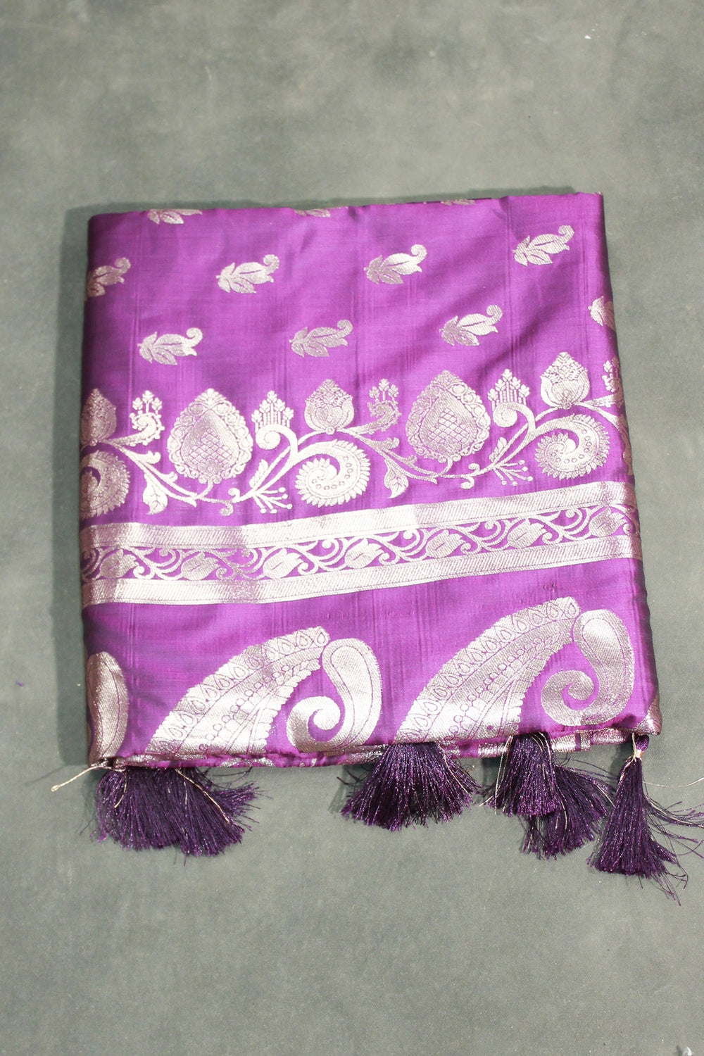 Purple Banarasi Soft Silk Saree with Zari Floral & Mango Motifs and Detailed Border Tassels - Purple