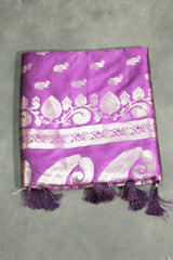 Purple Banarasi Soft Silk Saree with Zari Floral & Mango Motifs and Detailed Border Tassels - Purple