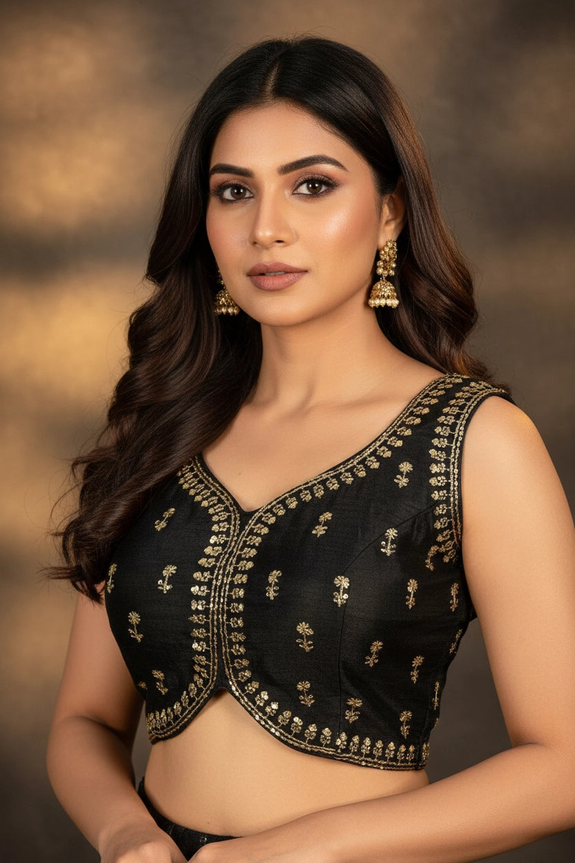 Black Readymade Designer Padded Blouse with Sequin Floral Motifs, Sleeveless Back Knot, Fully Stitched - Black