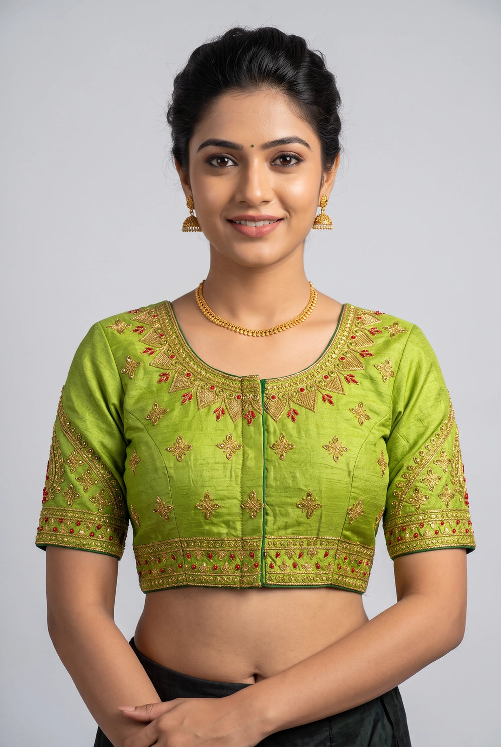 Lime Green Designer Padded Blouse with Zari Work Floral Paisley Motifs, U-Neck, Elbow Sleeves - Lime Green