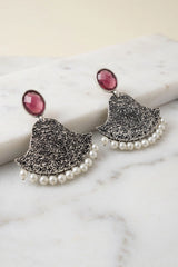 Purple Stone Textured Teardrop Jhumka Style Silver-Toned Fashion Earrings for Festive Party Wear - Purple