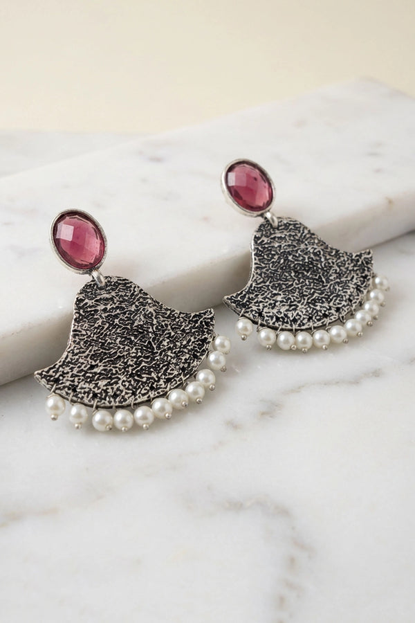 Purple Stone Textured Teardrop Jhumka Style Silver-Toned Fashion Earrings for Festive Party Wear - Purple