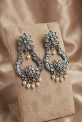 Mint Green Oxidized Silver Floral Drop Pearl Fashion Earrings for Women, Teardrop Stones, Jhumka Style - Mint Green