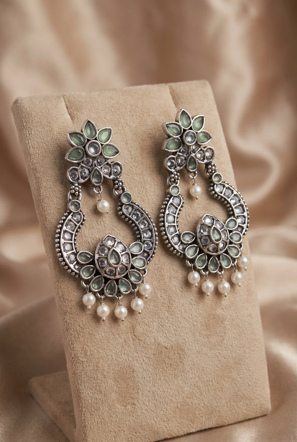 Mint Green Oxidized Silver Floral Drop Pearl Fashion Earrings for Women, Teardrop Stones, Jhumka Style - Mint Green