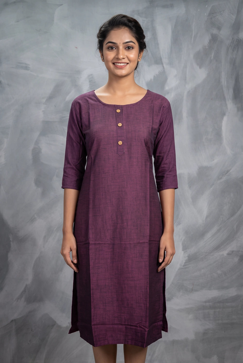 Purple Two-Tone Printed Straight Kurti with Round Neck, 3/4 Sleeves & Front Button Detail - Purple