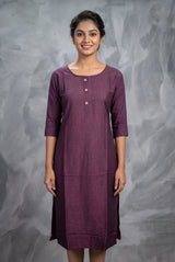 Purple Two-Tone Printed Straight Kurti with Round Neck, 3/4 Sleeves & Front Button Detail - Purple