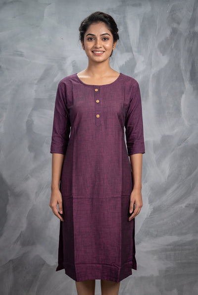 Purple Two-Tone Printed Straight Kurti with Round Neck, 3/4 Sleeves & Front Button Detail - Purple