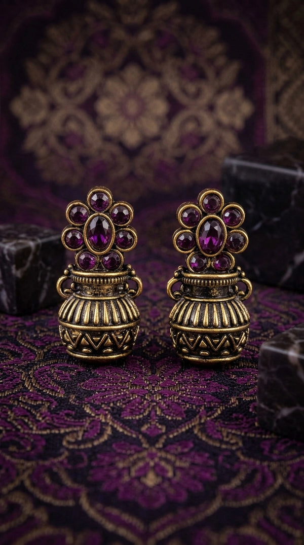 Purple Floral Jhumka Earrings in Antique Gold Finish with Crystal Stud Pattern for Traditional Festive Wear - Purple