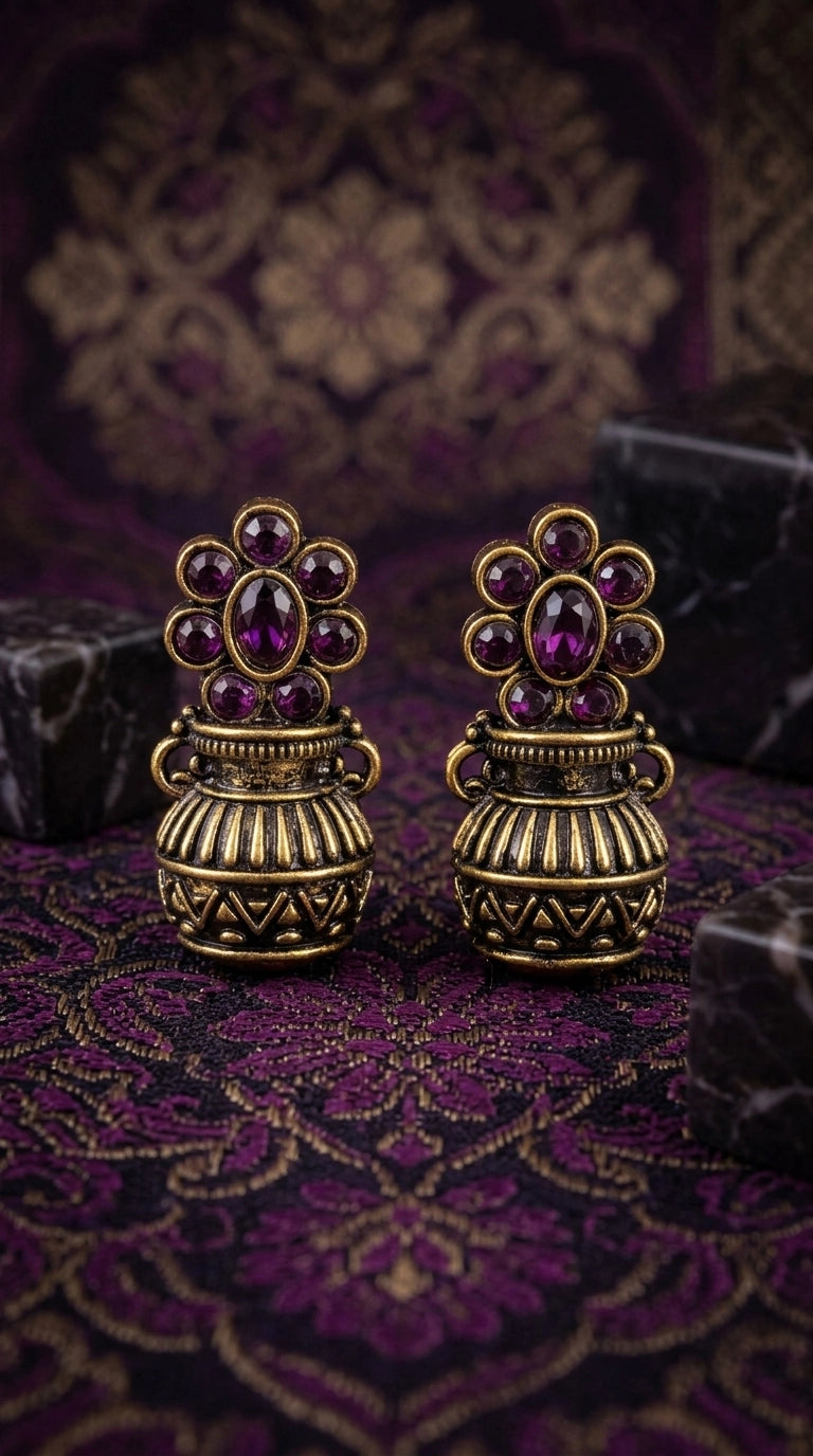 Purple Floral Jhumka Earrings in Antique Gold Finish with Crystal Stud Pattern for Traditional Festive Wear - Purple
