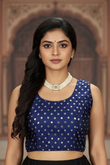 Navy Blue Readymade Designer Padded Blouse with Golden Butti Motifs and Dori Tie - Navy blue
