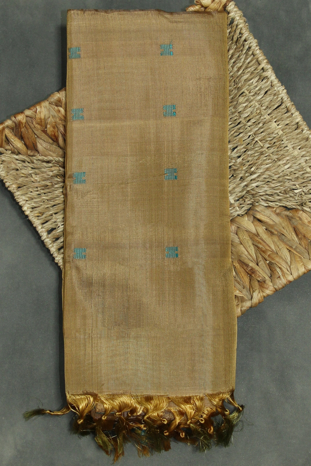 Banana Pith (Vaazhai Naar) Golden Brown Borderless Saree with Teal Butta Motifs - Handwoven - Golden Brown