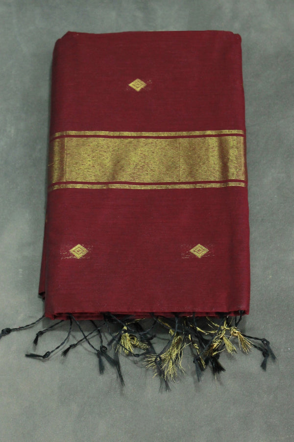 Maroon Silk Cotton Saree with Zari Border and Small Butti Pattern, Comes with Blouse - Maroon