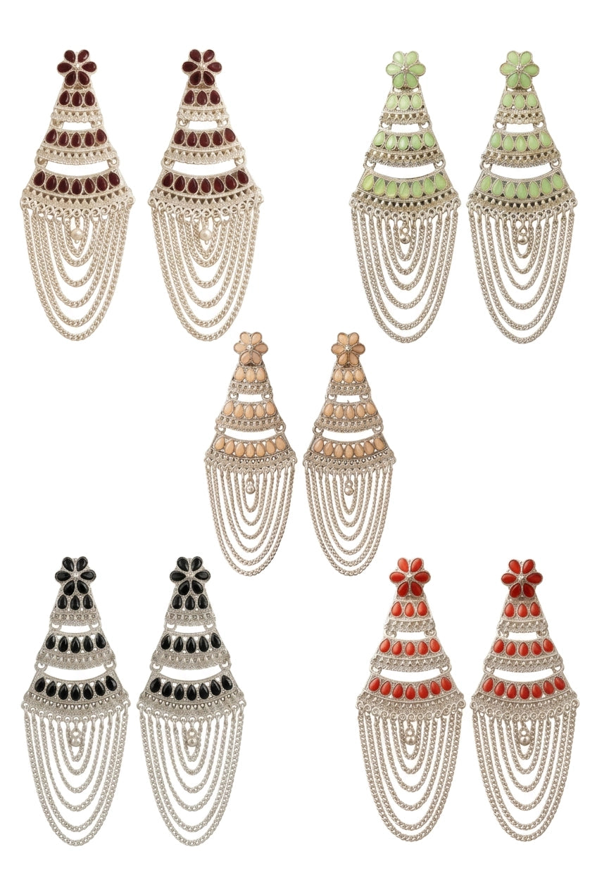 Oxidized Silver Layered Jhumka Earrings with Flower Stud and Stone Work Chain Tassels (Multiple Colours)