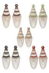 Oxidized Silver Layered Jhumka Earrings with Flower Stud and Stone Work Chain Tassels (Multiple Colours)