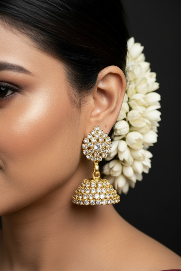White Gold-Look Leaf Design Crystal Jhumka Earrings