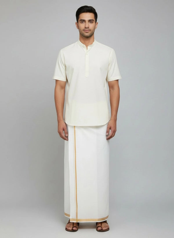 Men’s White Cotton Dhoti with Pocket and Elastic Velcro Waist, Gold Zari Border - White