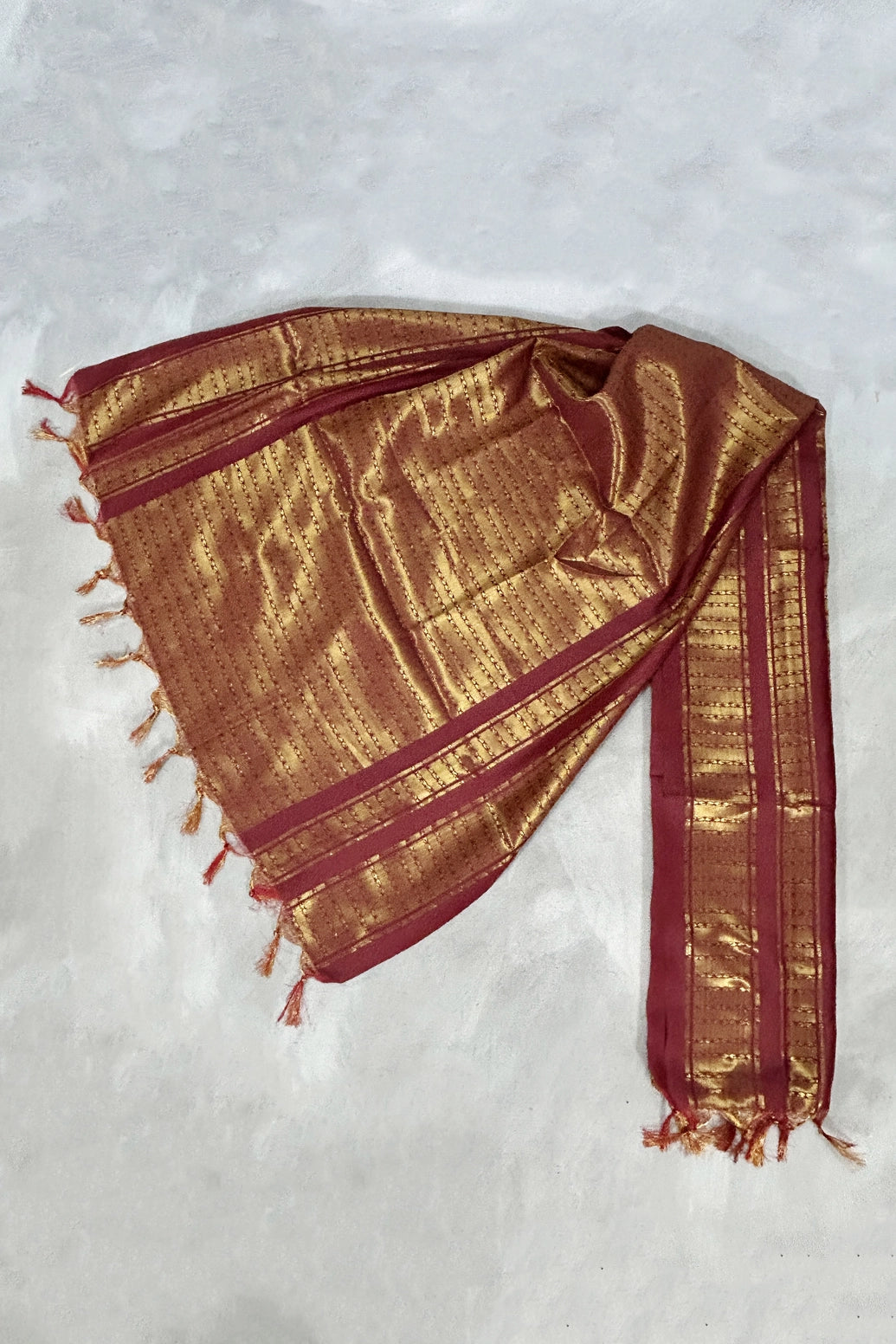 Maroon Ponnadai Poly Silk Jacquard Temple Shawl with Zari Pattern & Tassels for Pooja, Weddings & Gifts - Maroon