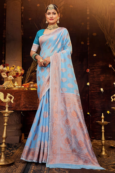 Cotton Shimmer Fabric saree,  saree comes with stone work and grand pallu, designer saree with blouse - Sky Blue