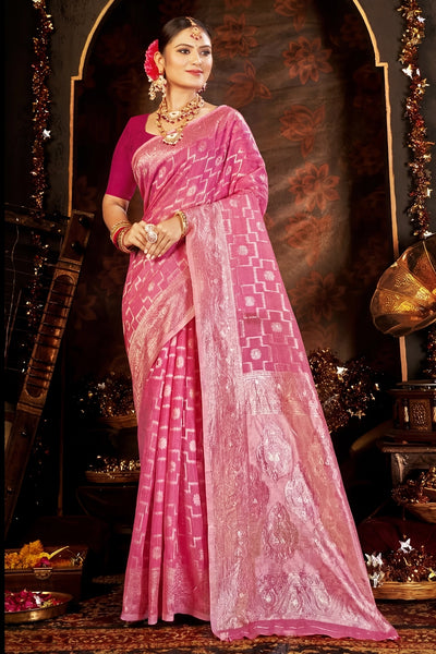 Rose Pink Crush Cotton Candy Weave Saree with Blouse, Lightweight Traditional Ethnic Wear for Women - Rose Pink