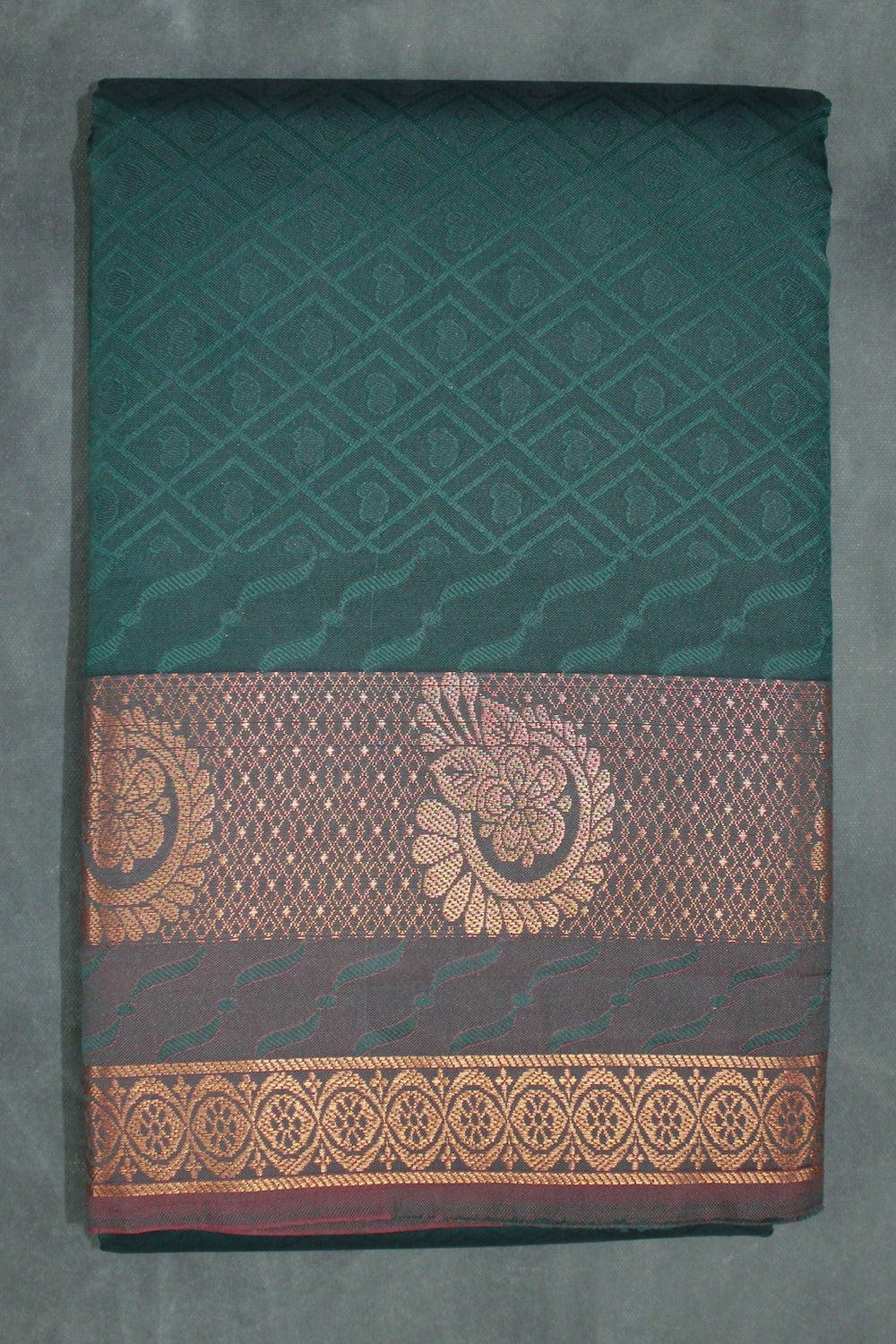 Dark Green Emboss Silk Saree with Traditional Border Design - Dark Green