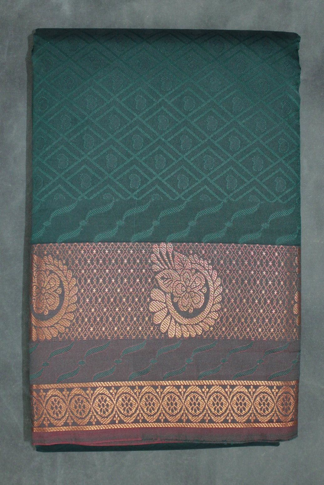 Dark Green Emboss Silk Saree with Traditional Border Design - Dark Green