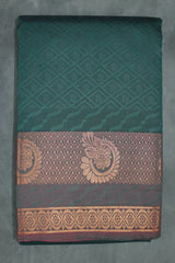 Dark Green Emboss Silk Saree with Traditional Border Design - Dark Green