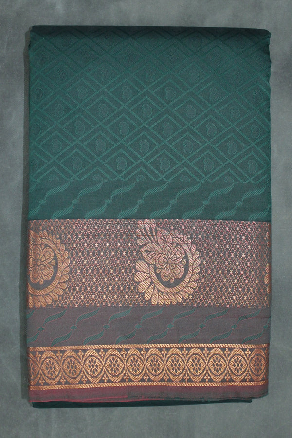 Dark Green Emboss Silk Saree with Traditional Border Design - Dark Green