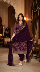 Purple Cotton 3-Piece Kurti Set with V-Neck Aari Work, Floral Print Pant & Jacquard Dupatta - Purple
