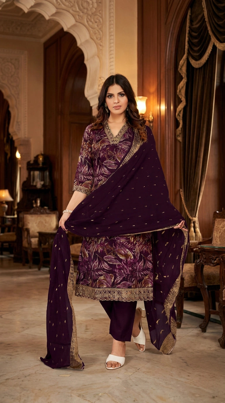 Purple Cotton 3-Piece Kurti Set with V-Neck Aari Work, Floral Print Pant & Jacquard Dupatta - Purple