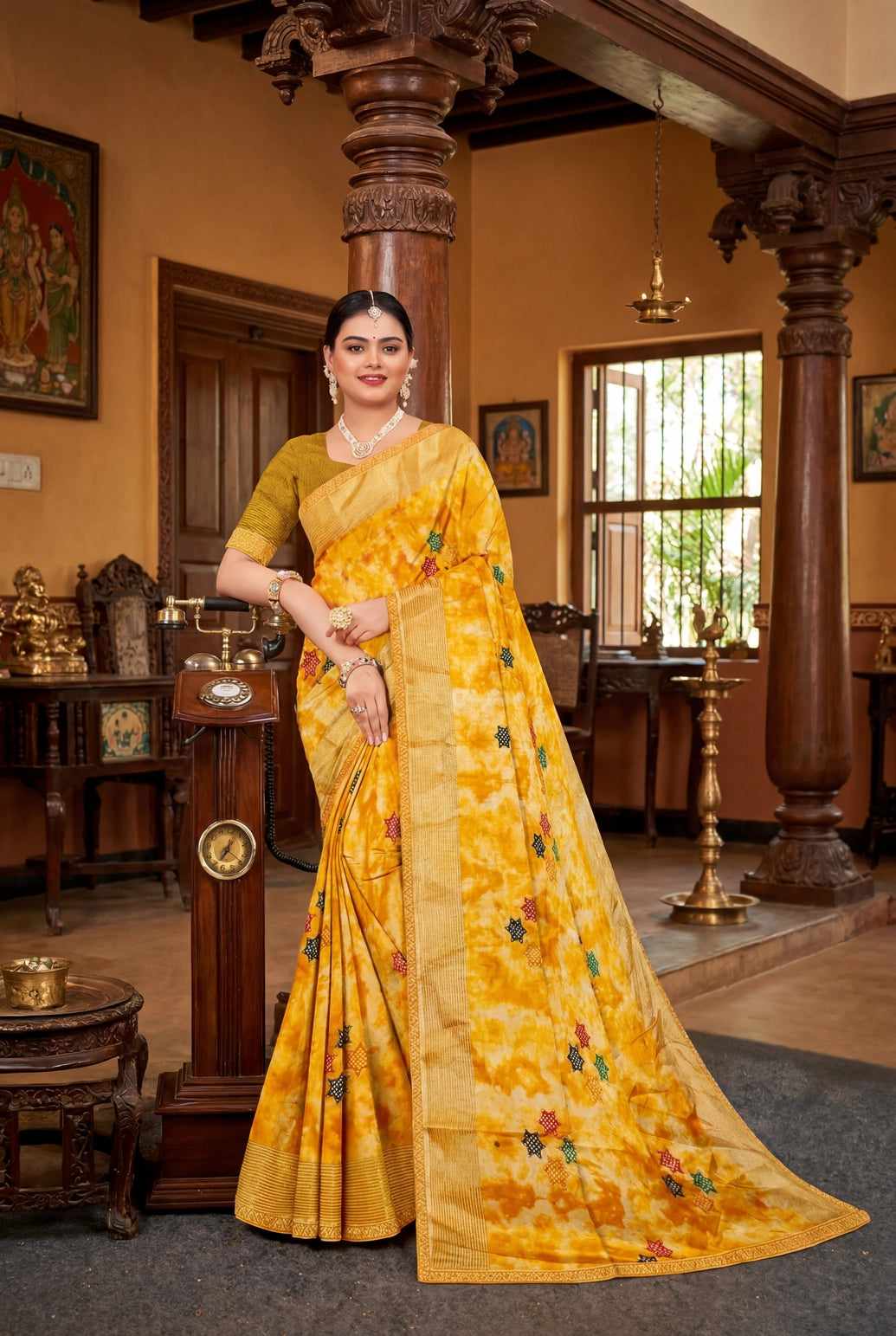 Yellow Chiffon Fancy Tie-Dye Saree with Star Motifs and Shimmer Striped Border with Blouse - Yellow