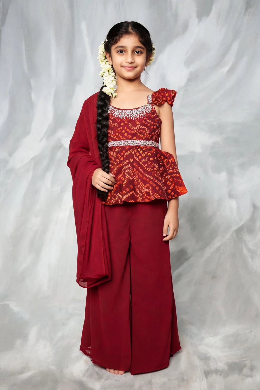 Girls Red Georgette Palazzo 3-Piece Set with Printed Top and Matching Dupatta - Red