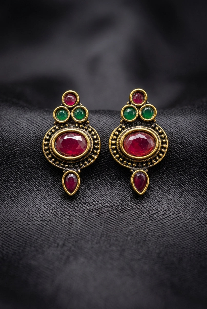 Antique Finish Stud Earrings with Oval Red Stone, Green Accents & Gold-Tone Detailing for Traditional Wear - Red & Green