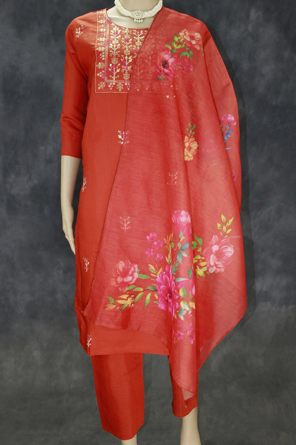 Roman Silk 3-Piece Salwar Kameez Set with Organza Digital Dupatta - Orange, Zari & Sequin Embroidered Neck